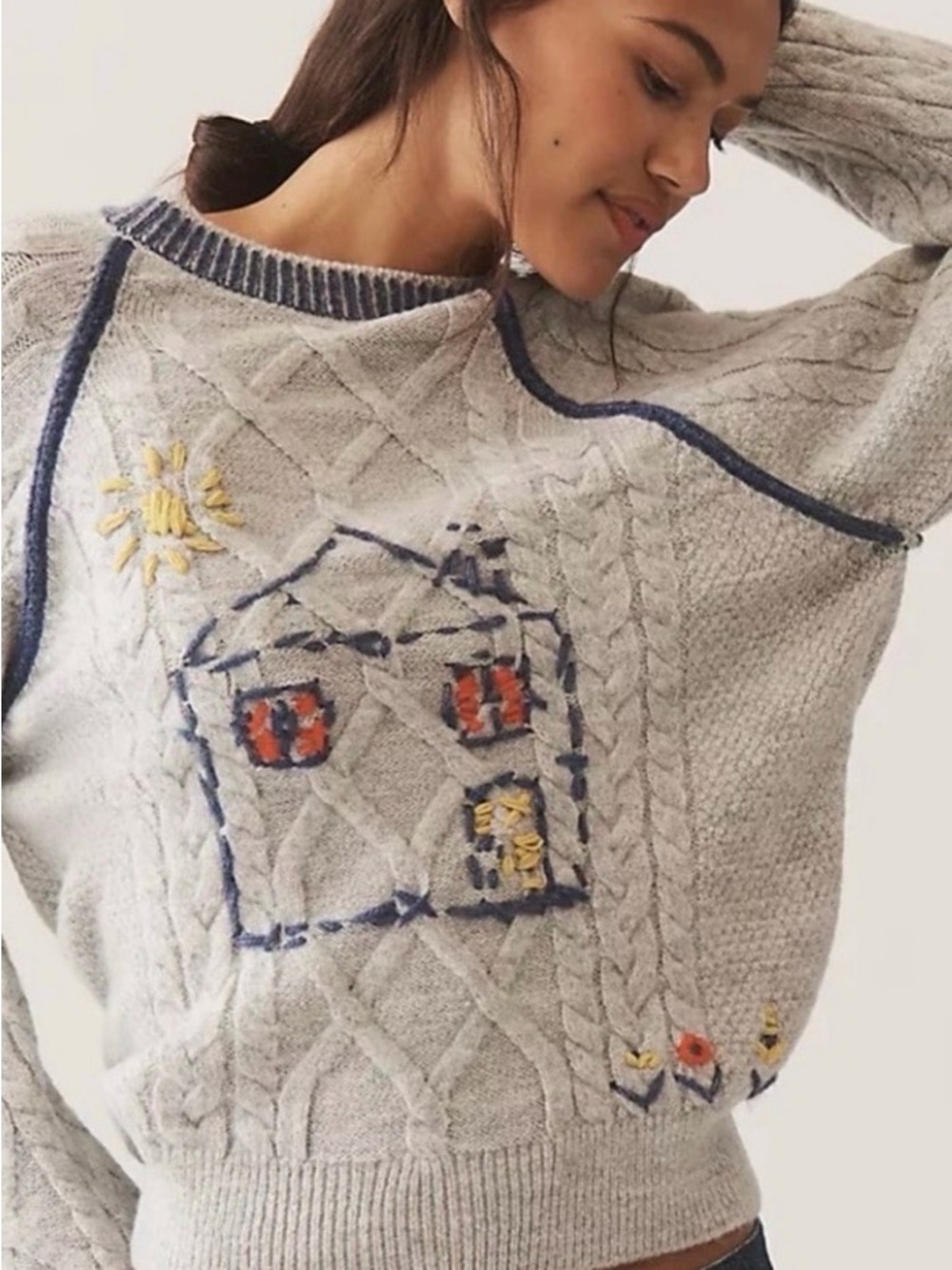 NWT Anthropologie Pilcro Cable-Knit Embroidered Cozy Home Sweater